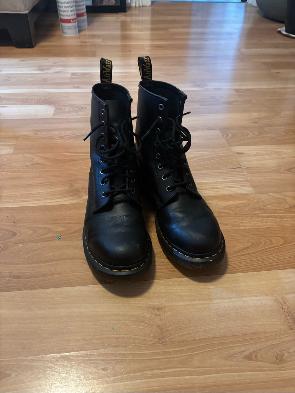 Dr. Martens Black Leather Lace-Up Ankle Boots with Yellow Stitching